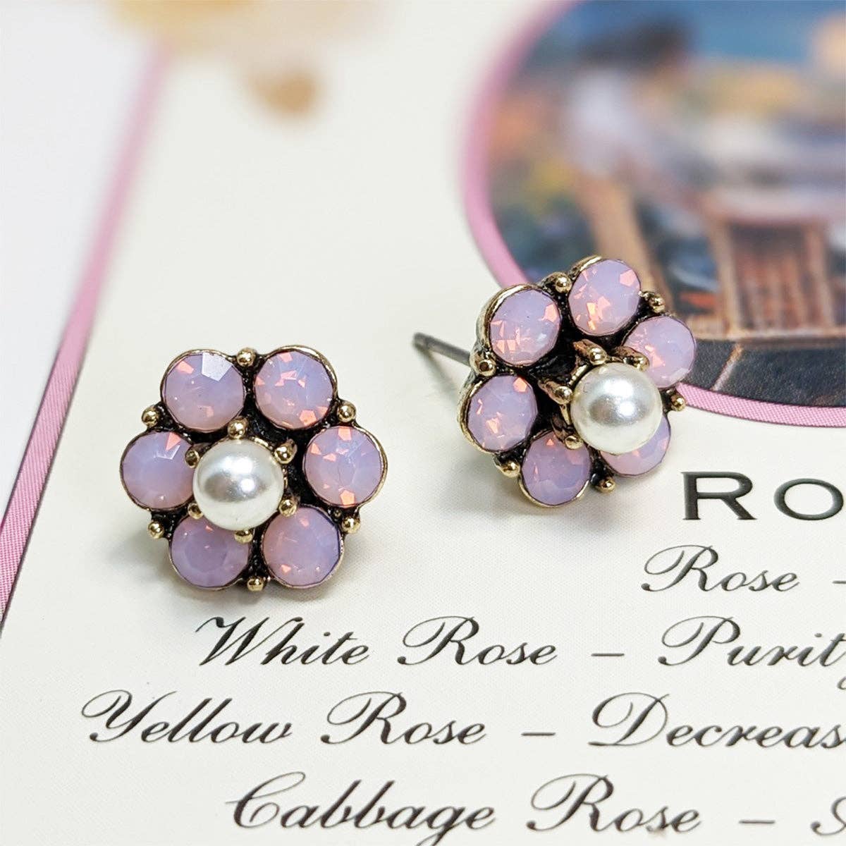 Vintage Tiny Vine pink pearl stud earrings